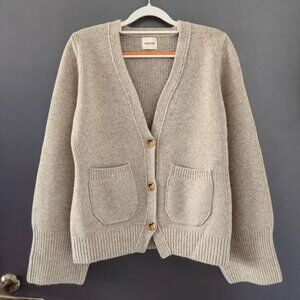 Khaite Beige Wool Cardigan Sweater V-Neck with Patch Pockets